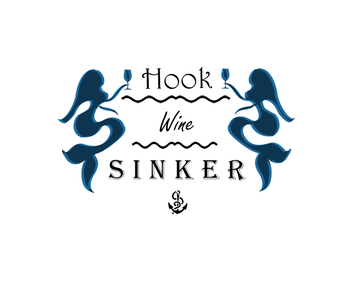 Two mermaids with wine glasses logo.